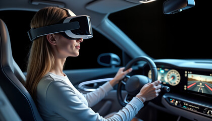 Woman drives futuristic car with VR headset. Immersive driving experience in simulated environment. Person controls vehicle with advanced tech interface. Future of transportation. Concept car.