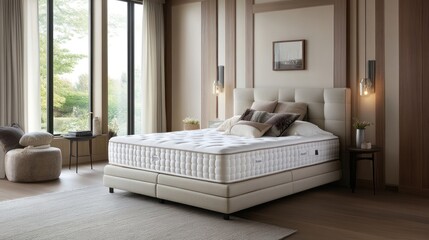 Elegant bedroom interior featuring a comfortable mattress with luxury bedding and soft decor