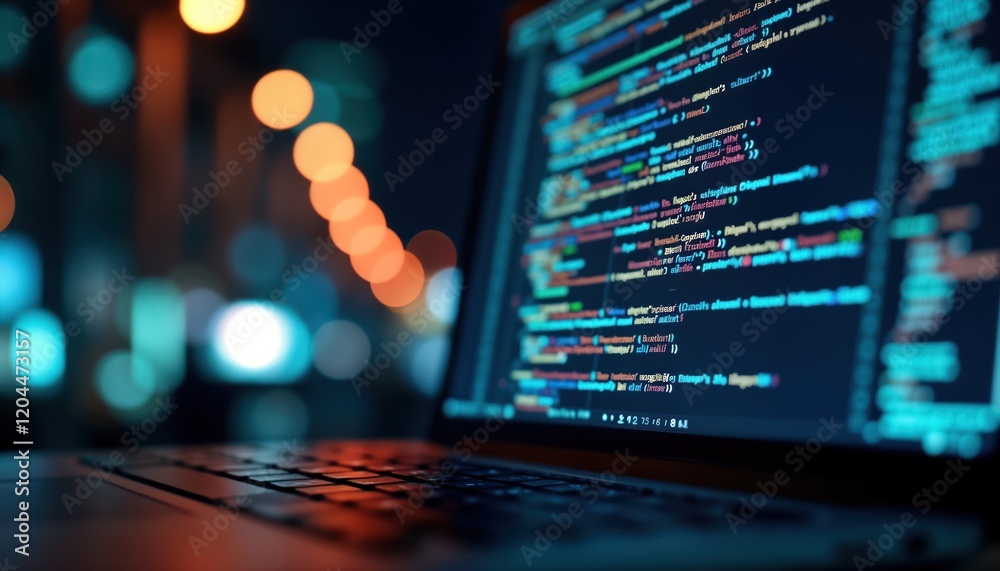 Poster Close-up laptop screen displays complex software code. Night scene in background. Modern tech development concept. Programming in progress. Coding session. Abstract representation of digital work.