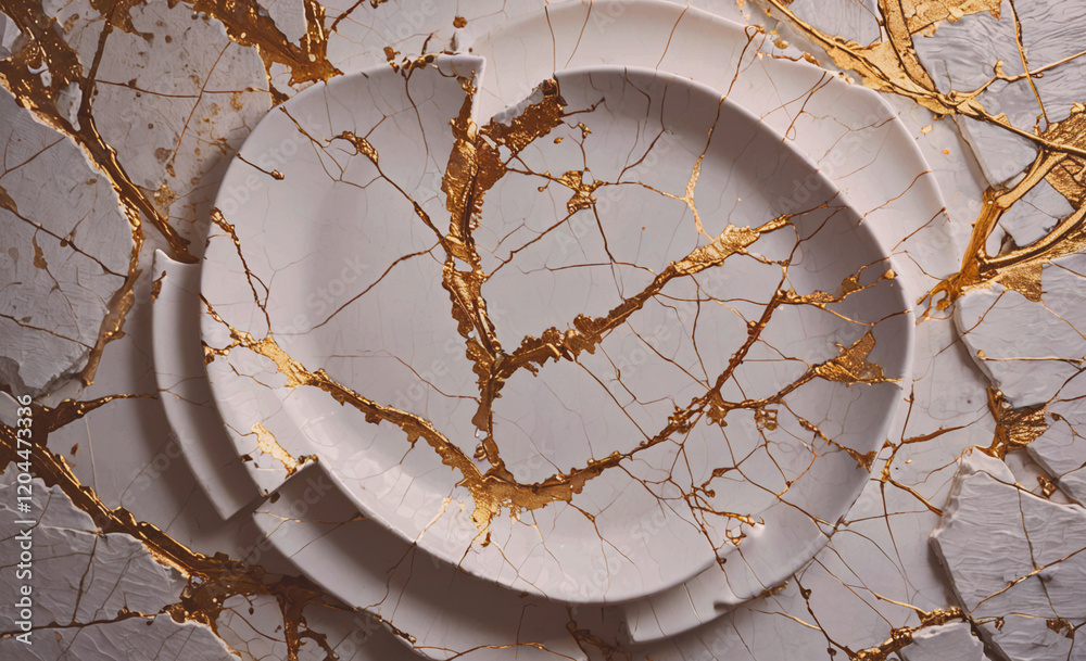 Poster a white plate with gold trim is shattered into pieces. the plate is broken in a way that it looks li