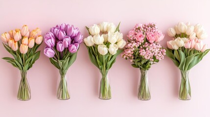 Fototapeta premium Colorful tulip and flower bouquets in vases on pink background; spring floral arrangement for greeting cards