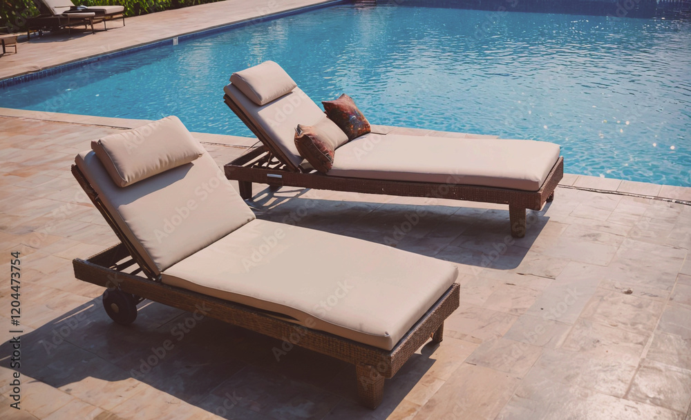 Aufkleber two lounge chairs are placed on a tiled pool deck. the chairs are tan and have pillows on them. the 