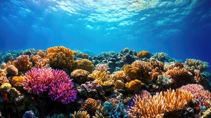 Naklejka premium Vibrant coral reef underwater scene, ocean background, marine life