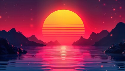 Retro sunset view over water, mountains. Vibrant colors. 80s style sun with stripes. Water reflects light. Mountain silhouettes visible. Graphic design elements. Synthwave aesthetic. Summer vacation.