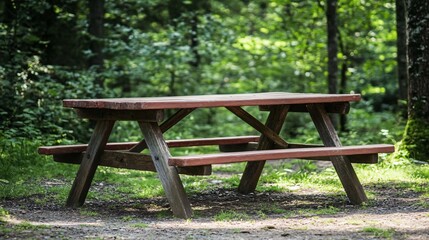 Fototapeta premium Rustic Wooden Picnic Table in Forest Setting