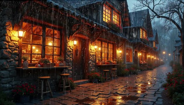 Cozy rustic house at night in rainy weather