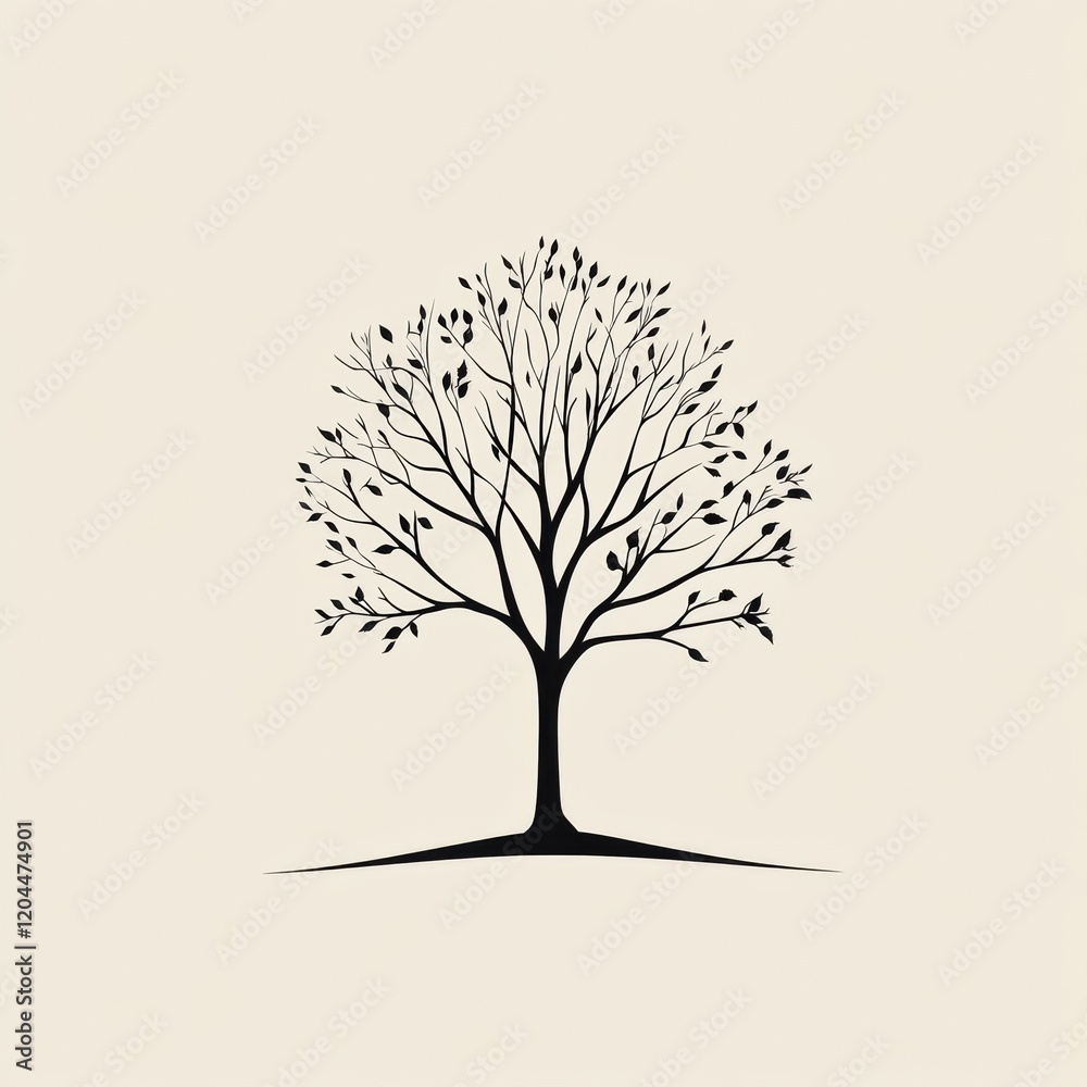 Poster black silhouette of a leafless tree with branches stretching upward against a light background. gene