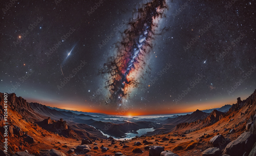 Poster a beautiful night sky with a large, glowing cloud of gas and dust. the sky is filled with stars and 