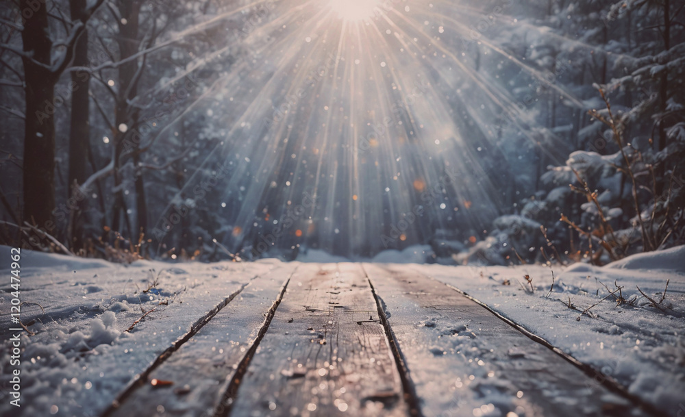 Poster A snowy forest with a wooden bridge in the foreground. The sun is shining through the trees, creating a warm and inviting atmosphere