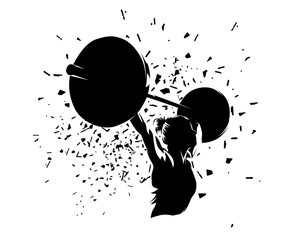 Weightlifting, woman lifting big barbell, bodybuilding. Isolated vector silhouette, dispersion effect, female bodybuilder logo