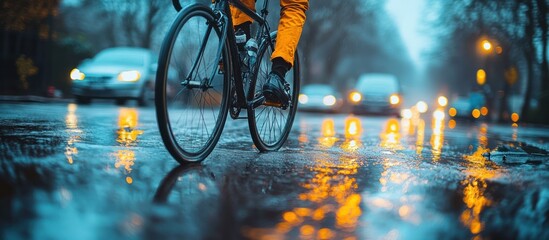 Cyclist riding bike in rain at night.