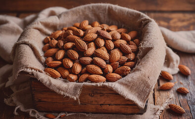 A basket of almonds is sitting on a wooden table. The almonds are scattered around the basket, and the basket is covered in a cloth. Concept of abundance and indulgence, as the almonds are a popular