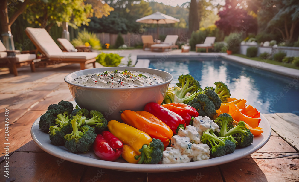 Poster a plate of vegetables and dip is on a wooden table outside. the table is surrounded by chairs and a 