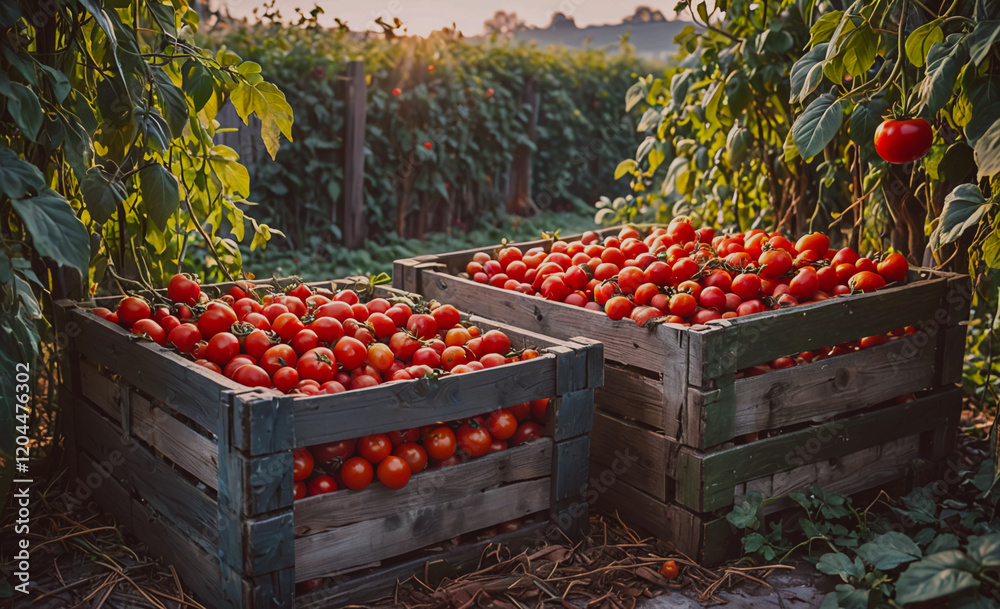 Poster Two wooden crates filled with ripe red tomatoes. The crates are placed in a field with green plants and bushes. Scene is warm and inviting, with the bright red tomatoes and the lush green surroundings