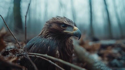 A rain-soaked young eagle lies on a forest floor, the wild setting highlighting its resilient spirit amid nature's embrace.