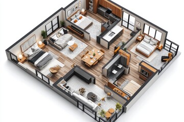 A top-down 3D view of a home floor plan, designed with an open-concept living apartment layout that flows seamlessly between rooms