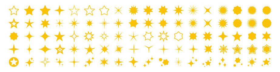 Star icons set. Abstract yellow sparkles. Twinkling stars, shining burst. Christmas symbols on white background. JPG image