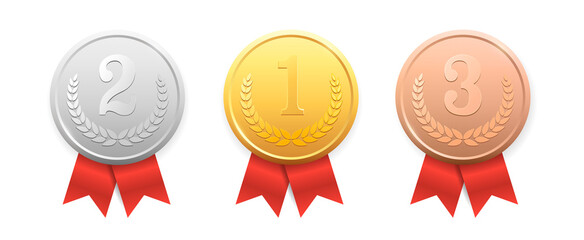 Gold, Silver, Bronze medals. Metal realistic badge with First, Second, Third place achievement. Round Label With Red Ribbon. Winner Prize. Competition Trophy. JPG image