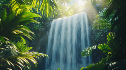 Lush foliage frames a majestic waterfall as sunlight filters through, creating a serene ambiance with shimmering reflections. Shimmering Waterfall. Illustration