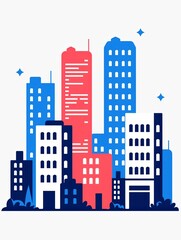 Fototapeta premium Simple City Buildings in Blue and Red Colors on White Background