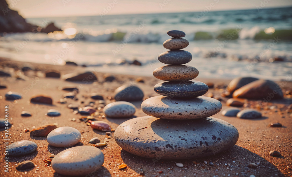 Aufkleber A stack of rocks on a beach. The rocks are of different sizes and are arranged in a pyramid shape. The scene is peaceful and serene, with the ocean in the background. The rocks seem to be a symbol of