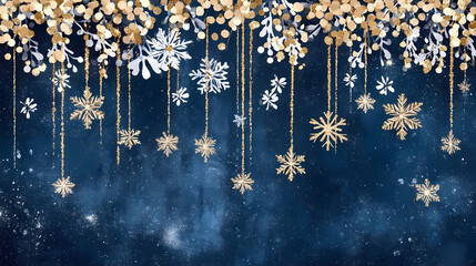 Snowflakes fall gently navy christmas backdrop adorned shimmering gold sequins. Shimmering Waterfall. Illustration