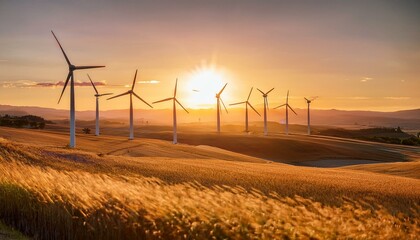 A wind turbine field during golden hour, with turbines standing tall against a warm, golden sky, symbolizing renewable energy and sustainability.