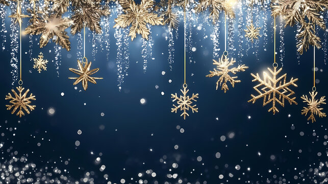 Snowflakes fall gently navy christmas backdrop adorned shimmering gold sequins. Shimmering Waterfall. Illustration