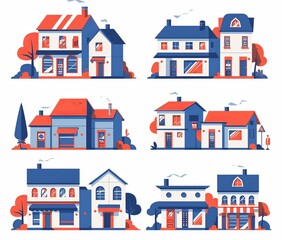 Naklejka premium Simple City Buildings in Blue and Red Colors on White Background