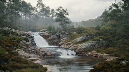 Misty Forest Waterfall Cascading Over Rocks