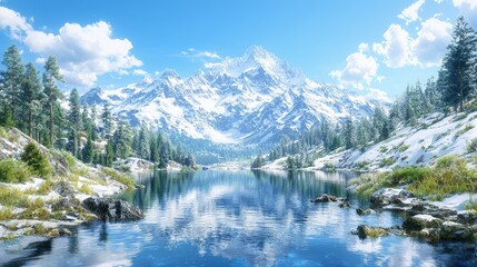 Serene mountain lake reflecting snow-capped peaks under a blue sky.