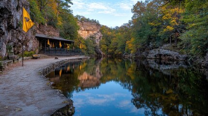 Fototapeta premium Scenic river flowing through a rocky canyon with autumn trees and a rustic building reflecting on the calm blue water.