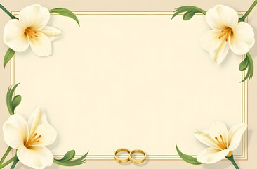 Mockup of wedding invitation white calla lily frame with wedding rings with white background with space for text.