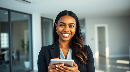 Portrait of young professional business woman standing in office. Happy female company executive, smiling business woman entrepreneur corporate leader manager looking at camera using tablet