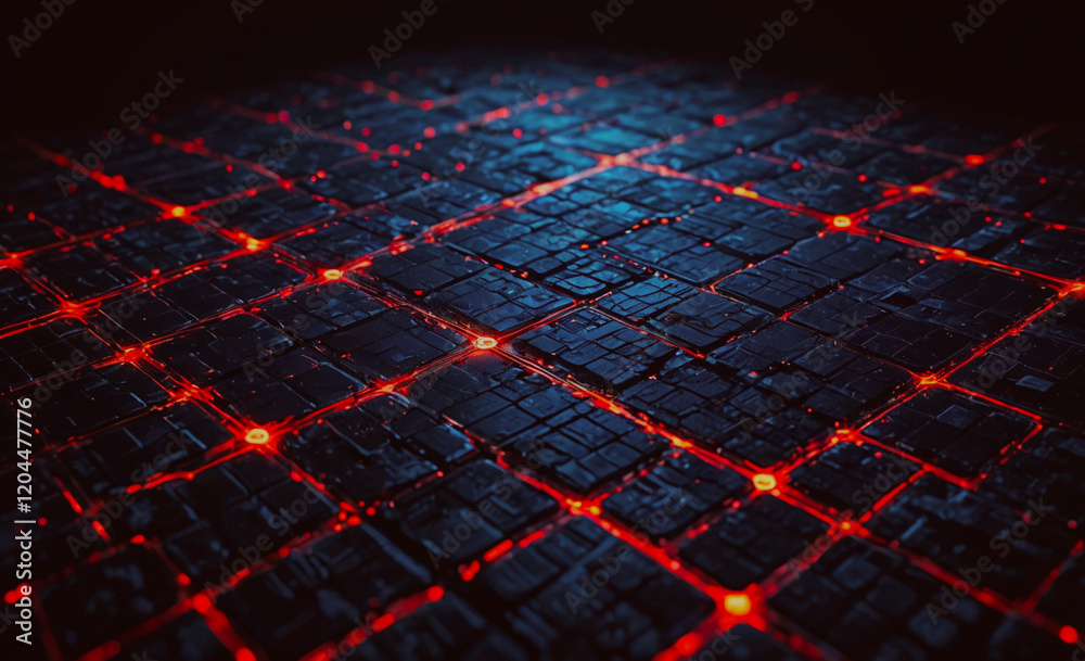 Poster a computer generated image of a city with red lights on the buildings. the image has a futuristic an