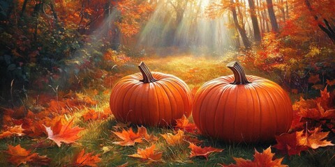 Autumn scene with pumpkins and colorful leaves