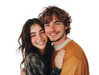 Happy young couple hugging and smiling together isolated on transparent background