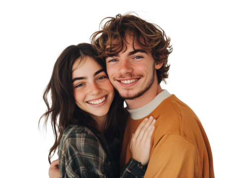 Happy young couple hugging and smiling together isolated on transparent background