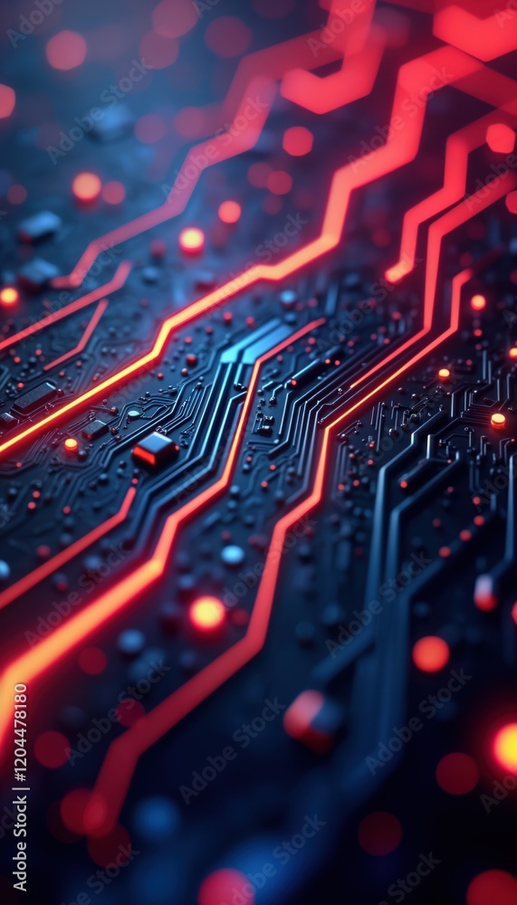 Leinwandbilder abstract tech board glows with red, blue neon light. complex circuit patterns, components create fut