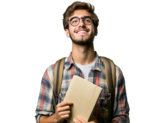 Smiling young male student holding a book and wearing a backpack, looking up, isolated on transparent background