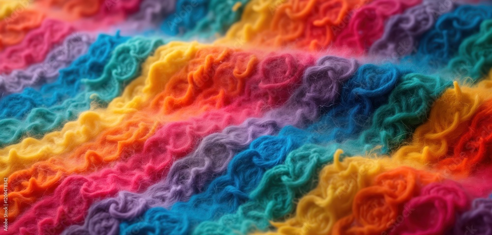 Poster colorful wool material with vibrant rainbow stripes. closeup view shows intricate texture, soft curl