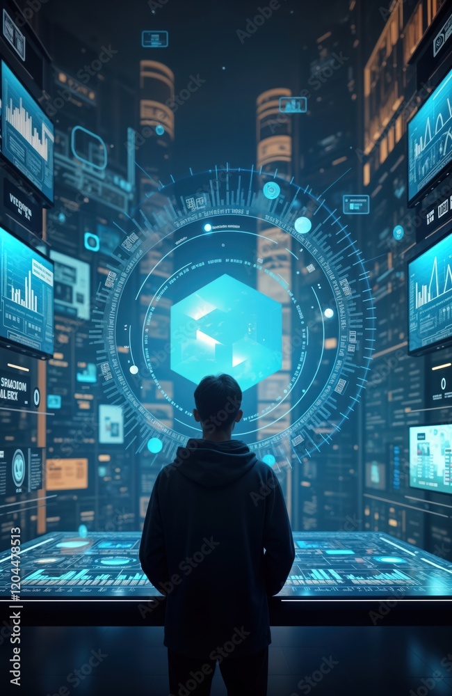 Leinwandbilder person stands before futuristic interface with holographic screens displaying data. complex digital 