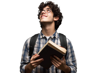 Smiling young male student holding a book and wearing a backpack, looking up, isolated on transparent background