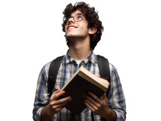 Smiling young male student holding a book and wearing a backpack, looking up, isolated on transparent background