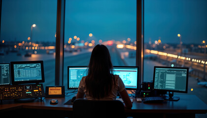 Female air traffic controller works at night in control tower. Monitors screens, manages air traffic. Airport tech, safe travel, night work scene. Modern control center. Aviation tech. Important job.