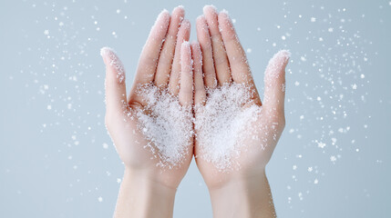 Fototapeta premium Hands holding snowflakes against a soft blue background creating a serene winter atmosphere