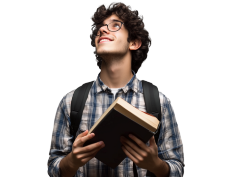Smiling young male student holding a book and wearing a backpack, looking up, isolated on transparent background