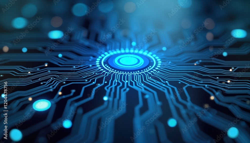 Poster abstract illustration of intricate circuit board. dark blue background with glowing blue lines, circ