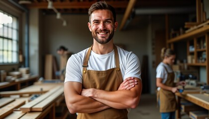 Handsome carpenter smiles proudly in workshop. Wears apron, stands confidently with arms crossed. Workers seen in background. Light fills carpentry shop. Indoor setting. Business owner professional