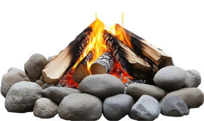 Crackling Campfire with Gray Stones, Isolated on Black Backgroun
